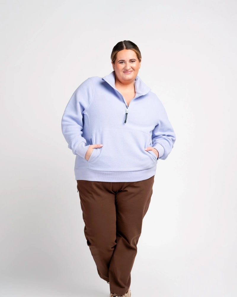 Front of a model wearing a size XL go explore essential fleece in lavender by alder apparel. | dia_product_style_image_id:318965